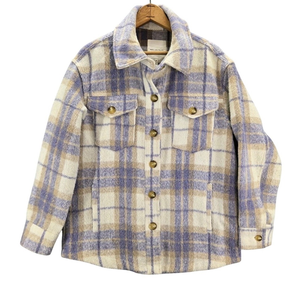 Anthropologie Avec Les Filles Purple White Plaid Button Front Coat Shacket M - Picture 1 of 6